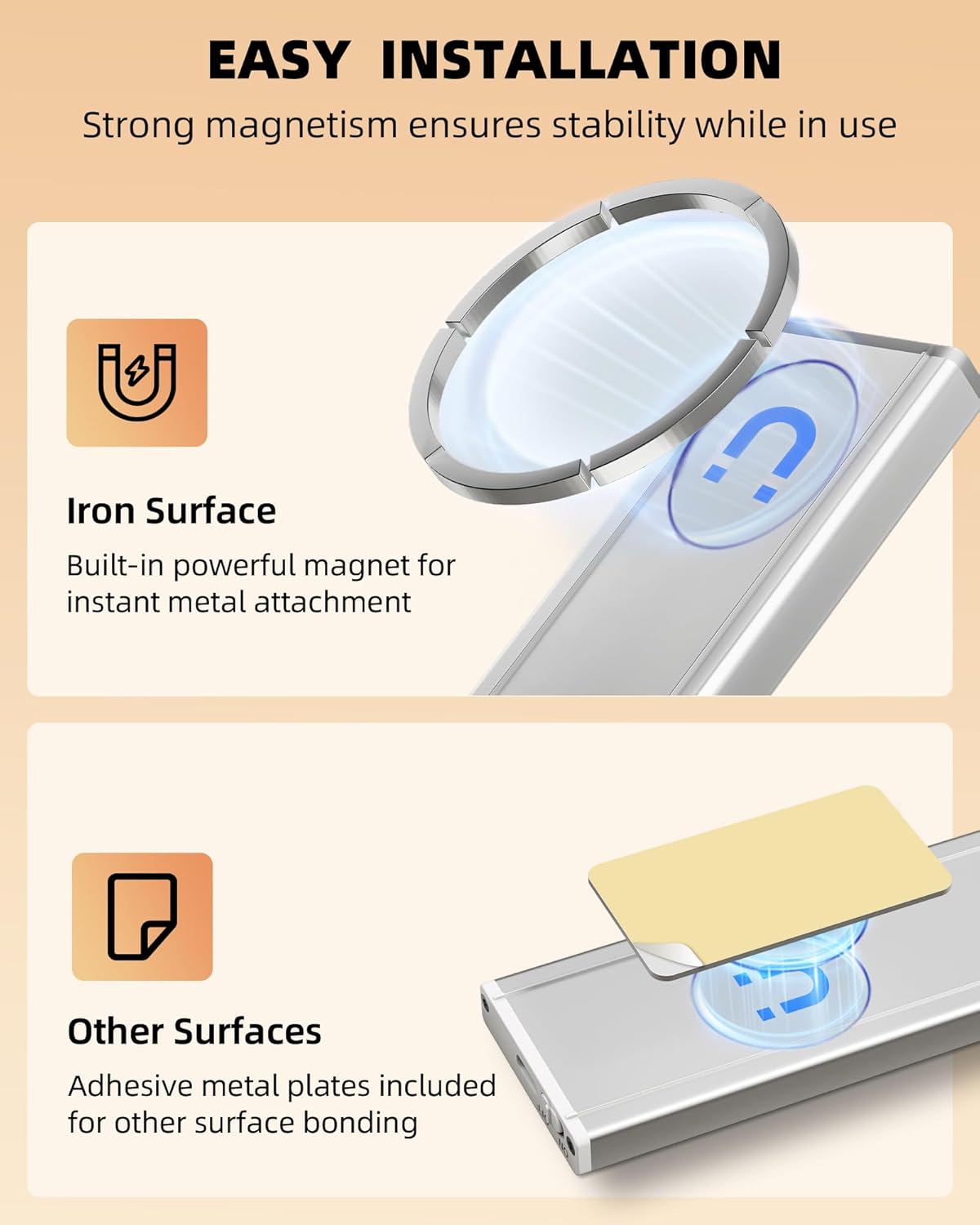Diagram showing the magnetic attachment of the light to an iron surface and the use of adhesive metal plates for other surfaces.