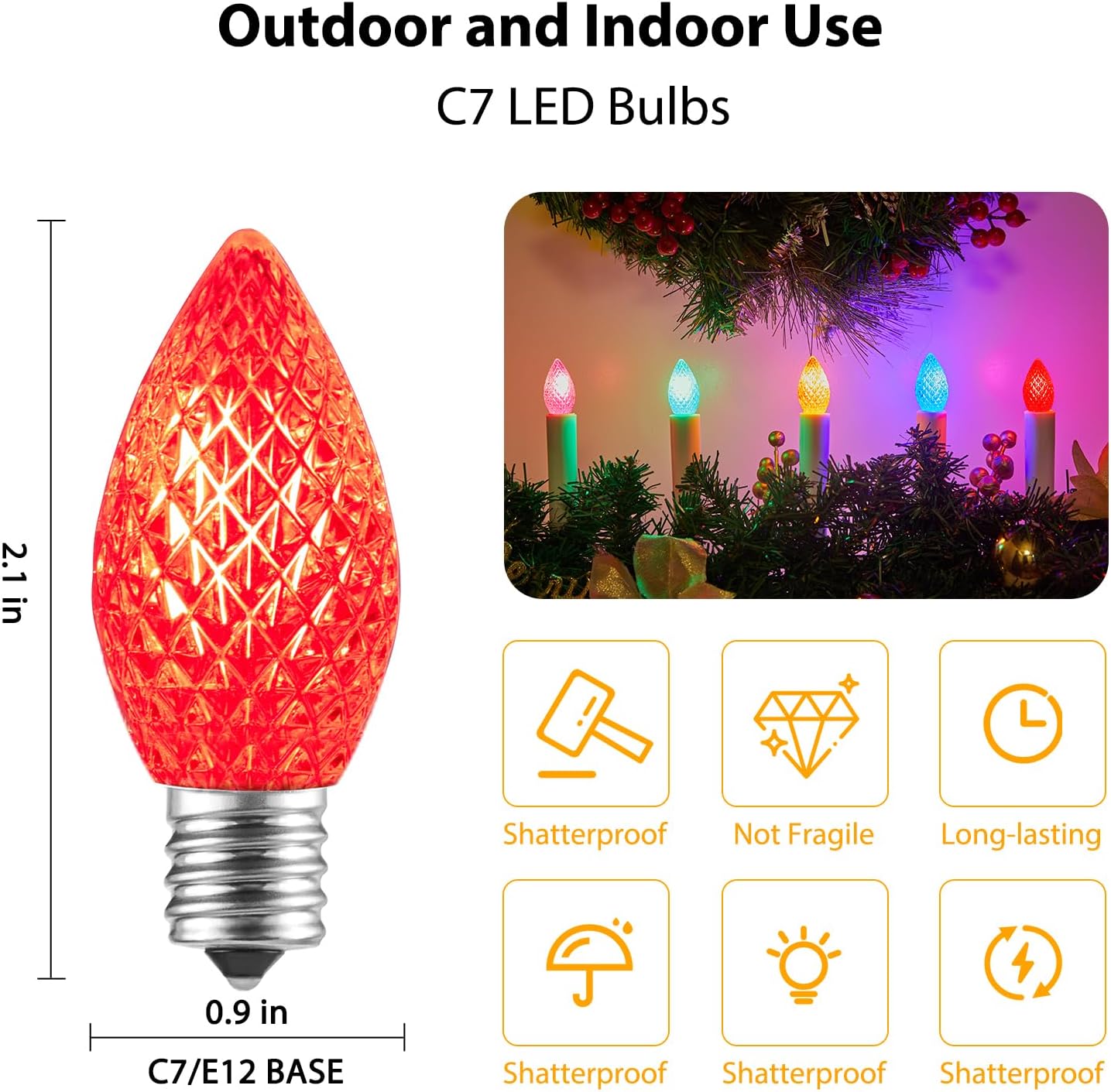 Brightown 100 Pack C7 Led Replacement Light Bulb, C7 Shatterproof Christmas Led Bulbs for Christmas String Lights, E12 Candelabra Base, Commercial Grade Dimmable Holiday Bulbs, Multicolor
