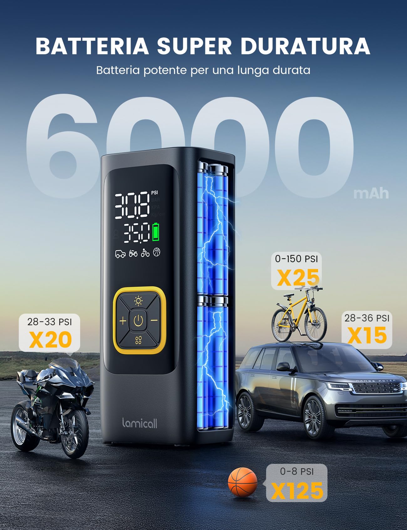 Compressore D'Aria Portatile MEUCI 10000mAh - Pompa Senza Fili 150 PSI Per Auto, Bici, Moto Con Manometro E Luce LED
