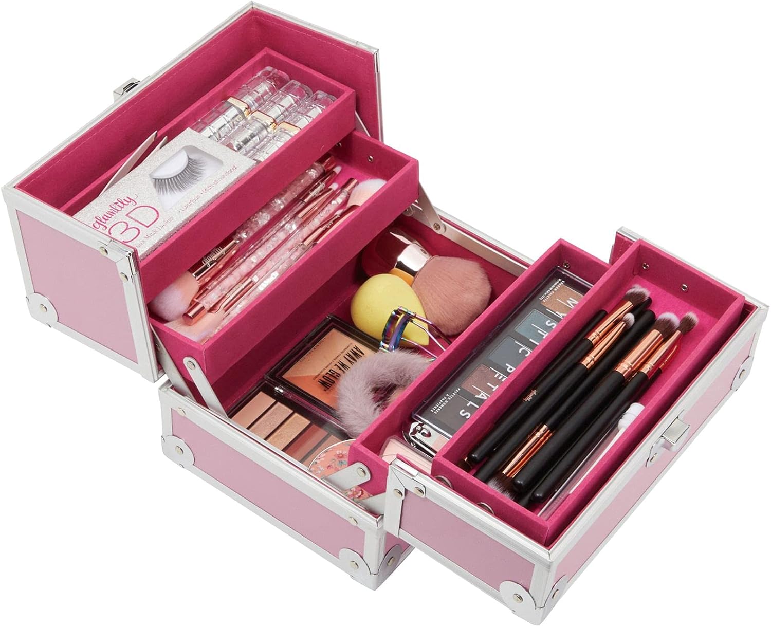 Pink Makeup Train Case with Lock and 2 Keys, 3-Tier Cosmetic Storage Box : Beauty & Personal Care