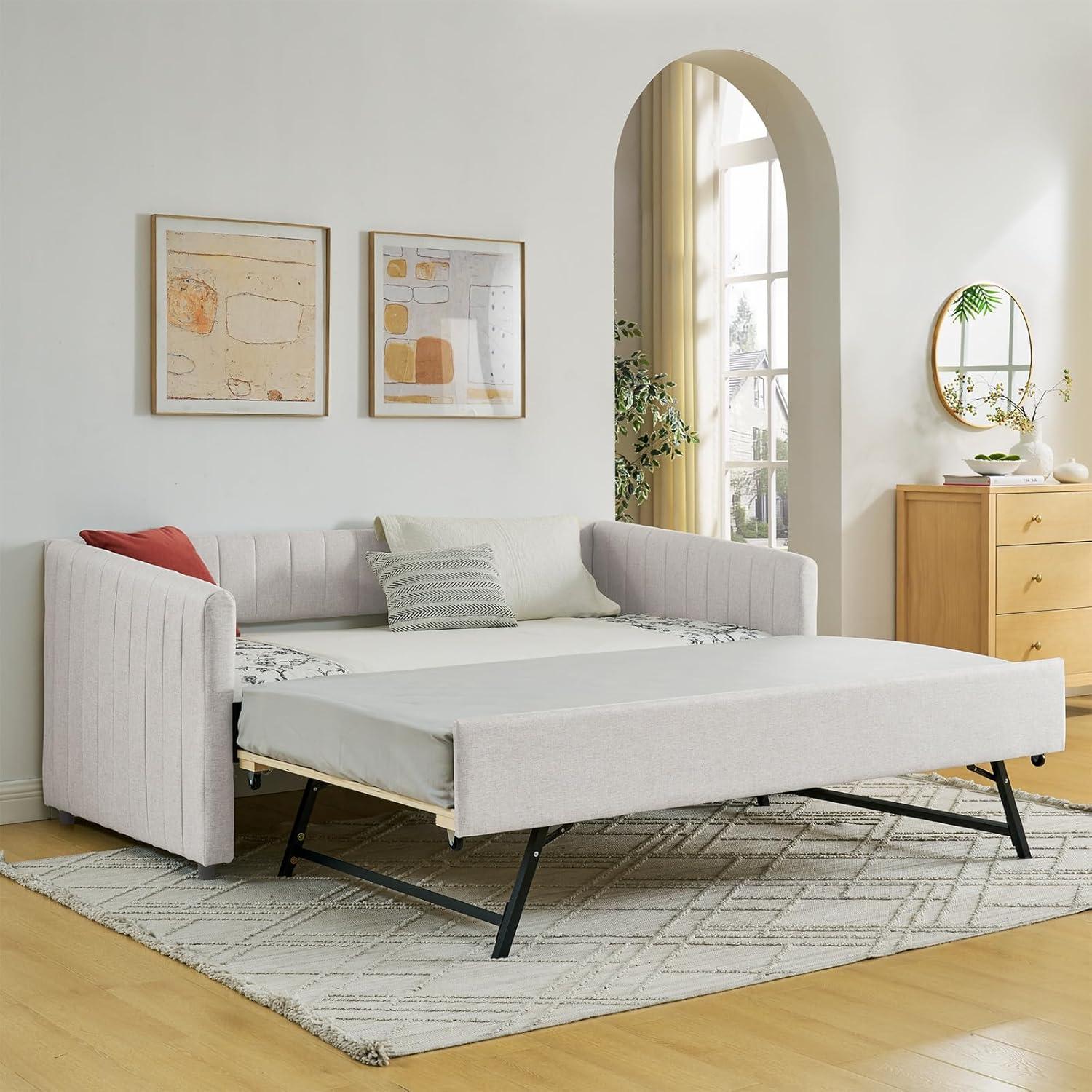 Amazon.com: Antetek Daybed with Pop up Trundle,Modern Linen Fabric ...