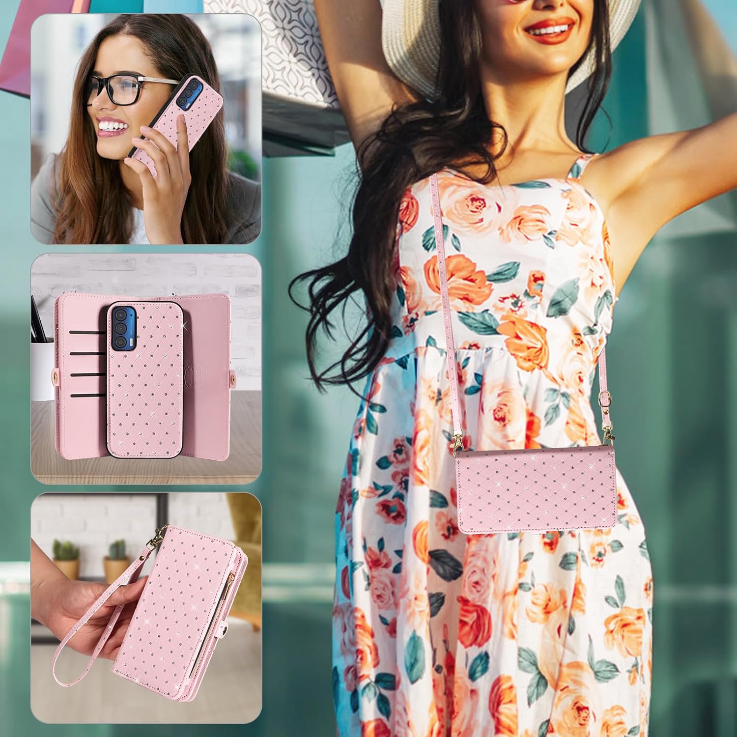 Asuwish Phone Case for Motorola Moto Edge 2021/MotoEdge 5G UW 2021 Zipper Wallet Detachable Cell Cover with Tempered Glass Screen Protector Strap Glitter Flip Card Holder Slot XT2141-1 Women Men Pink