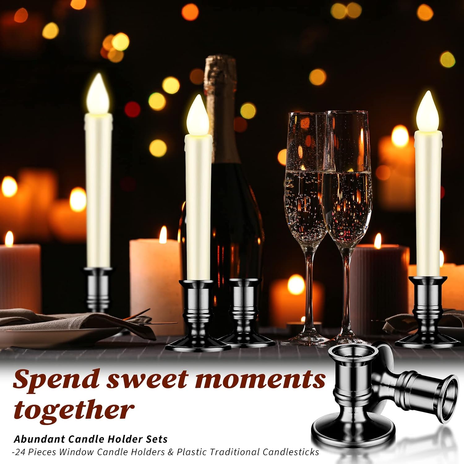 Yungyan 24 Pcs Taper Candle Holder Plastic LED Candlestick Stand, Black