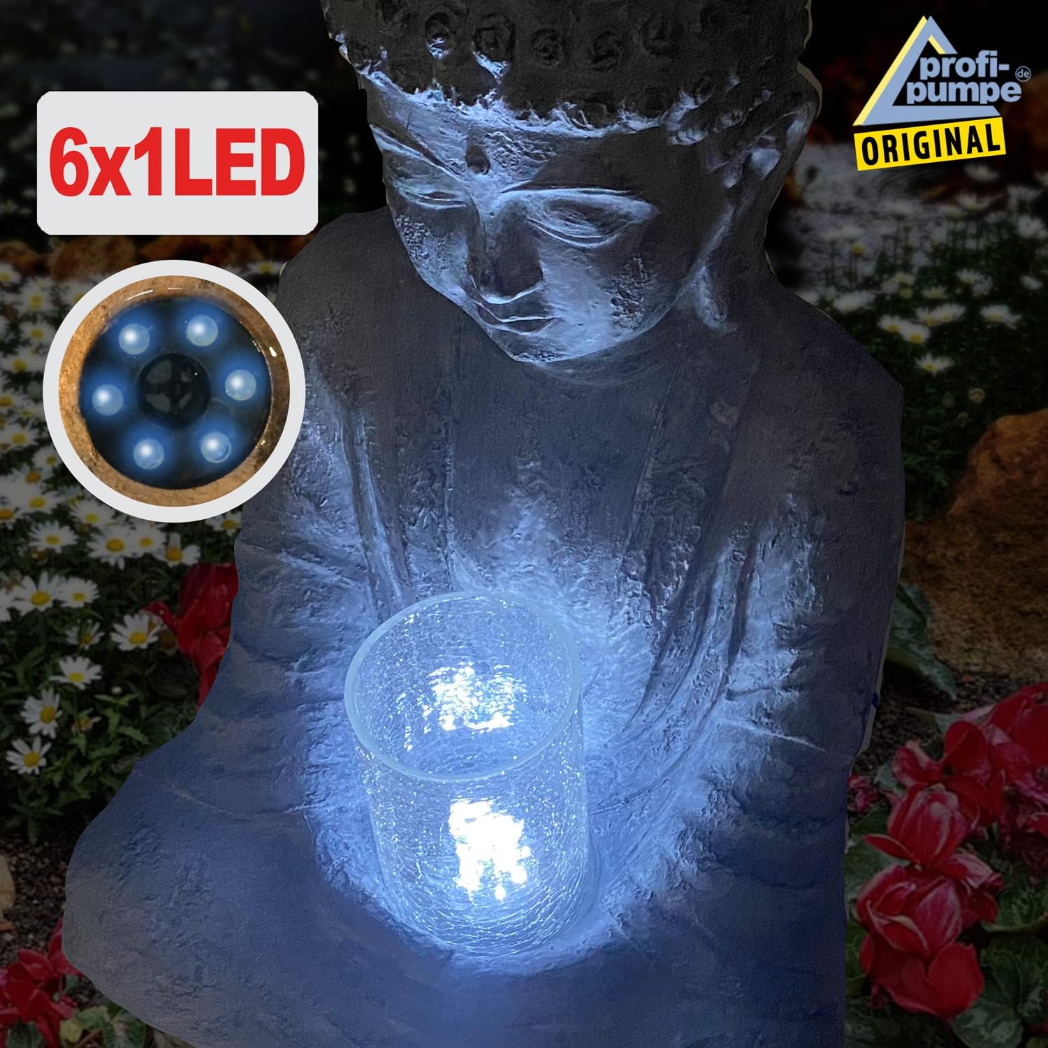 Gartenbrunnen Zen Brunnen Zierbrunnen Zimmerbrunnen Springbrunnen Wasserfall Wasserspiel für Garten, Gartenteich, Terrasse, Balkon Sehr Dekorativ (230V - Brunnen Zhen Lebens-LICHT mit LED Licht)