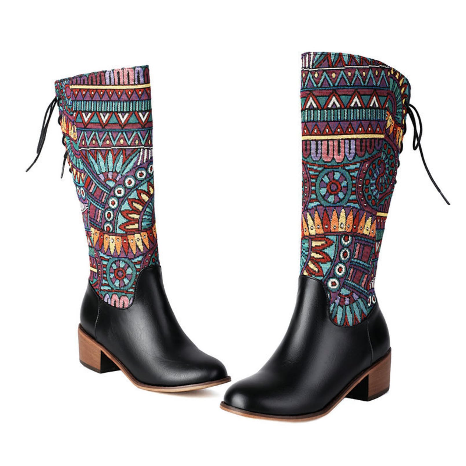 Mujer Botas Altas Punta Redonda Tacón Chunky Tela Estampada Botas Montar Costura Cuero Cremallera Lateral Botas Largas Pantorrilla Ancha Cordones Altas Splicing Planas