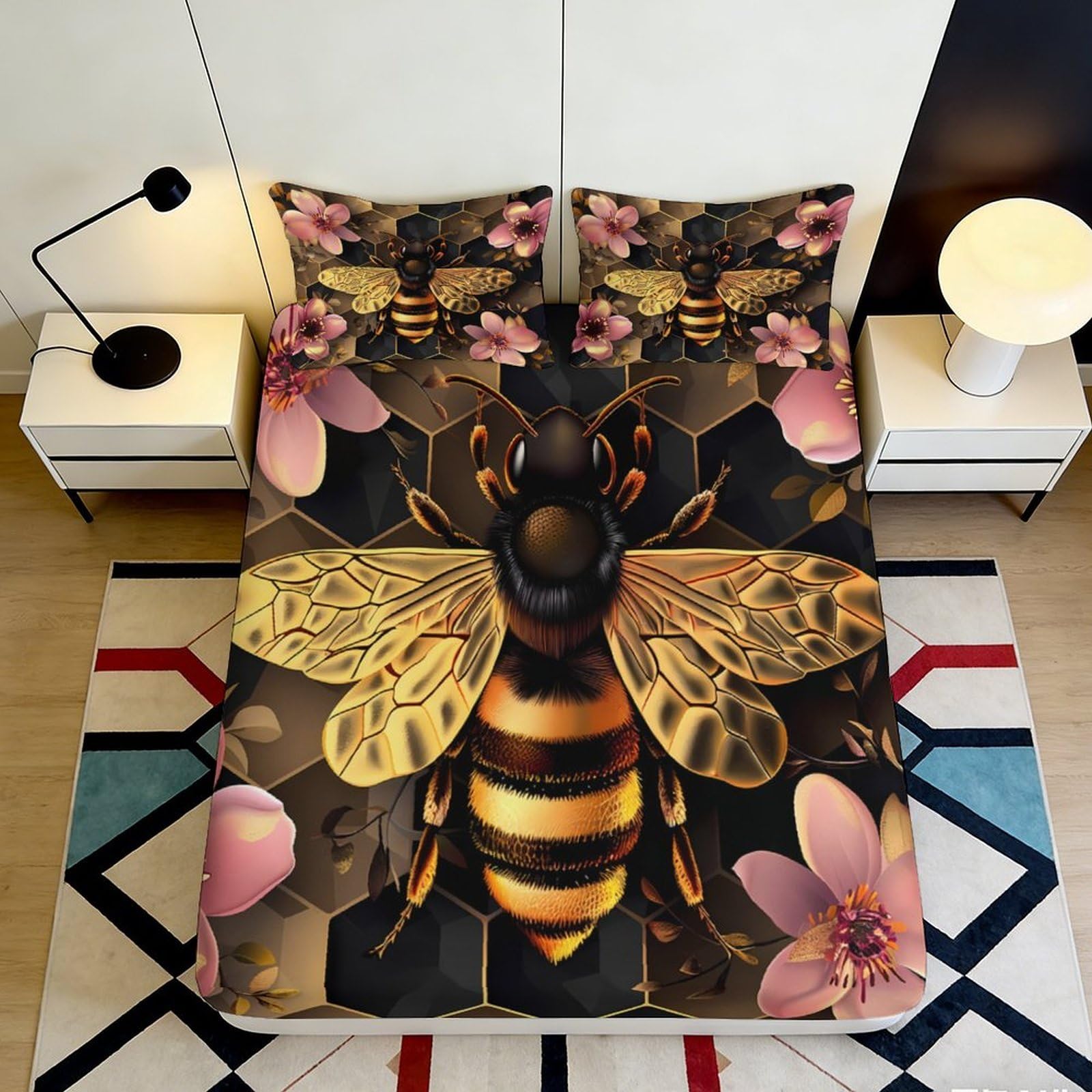 3D Printed Honey Bee Fitted Sheet Microfiber Soft Floral Mattress Cover for Bedroom Dorm Mattress Protection Decor 120x200x25cm