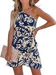 CUPSHE Women's One Shoulder Leaf Print Self-tie Short Dress Sleeveless Tiered Hem Formal Dress Casual Mini Dress