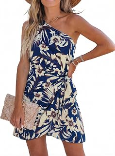CUPSHE Women's One Shoulder Leaf Print Mini Dress Sleeveless Self-Tie Casual Summer Beach Dress