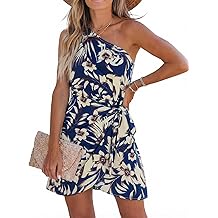 Women's One Shoulder Leaf Print Self-tie Short Dress Sleeveless Tiered Hem Formal Dress Casual Mini Dress