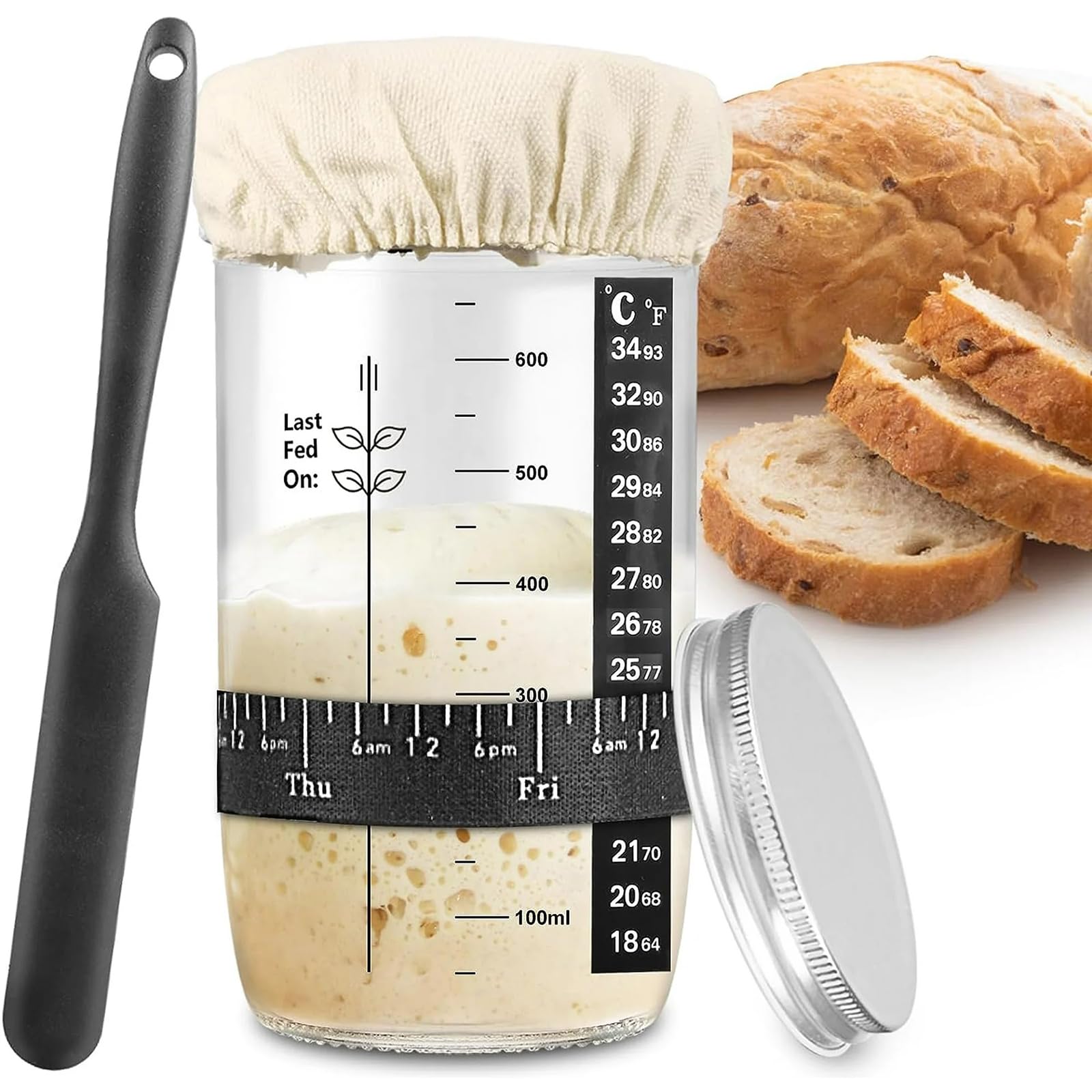 Duffy Sourdough Starter Jar Kit, 1000Ml Sourdough Starter Jar With Aluminum Lid, Date Marked Feeding Band, Silicone Scraper, Cloth Cover And Thermometer Band