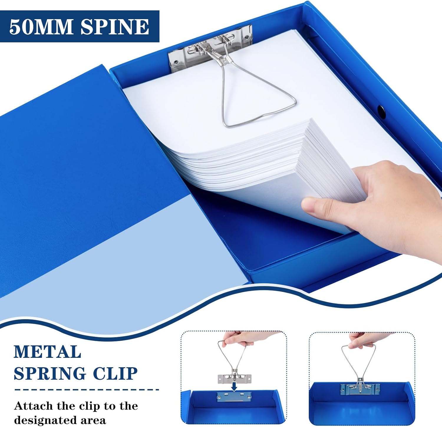 Storage File Boxes 6 Pack, Foldable File Boxes with Lid, 50mm Spine, Archives Cases with Magnetic Closure & Clip, Plastic Document File Folder Paper Storage Organizer, Blue