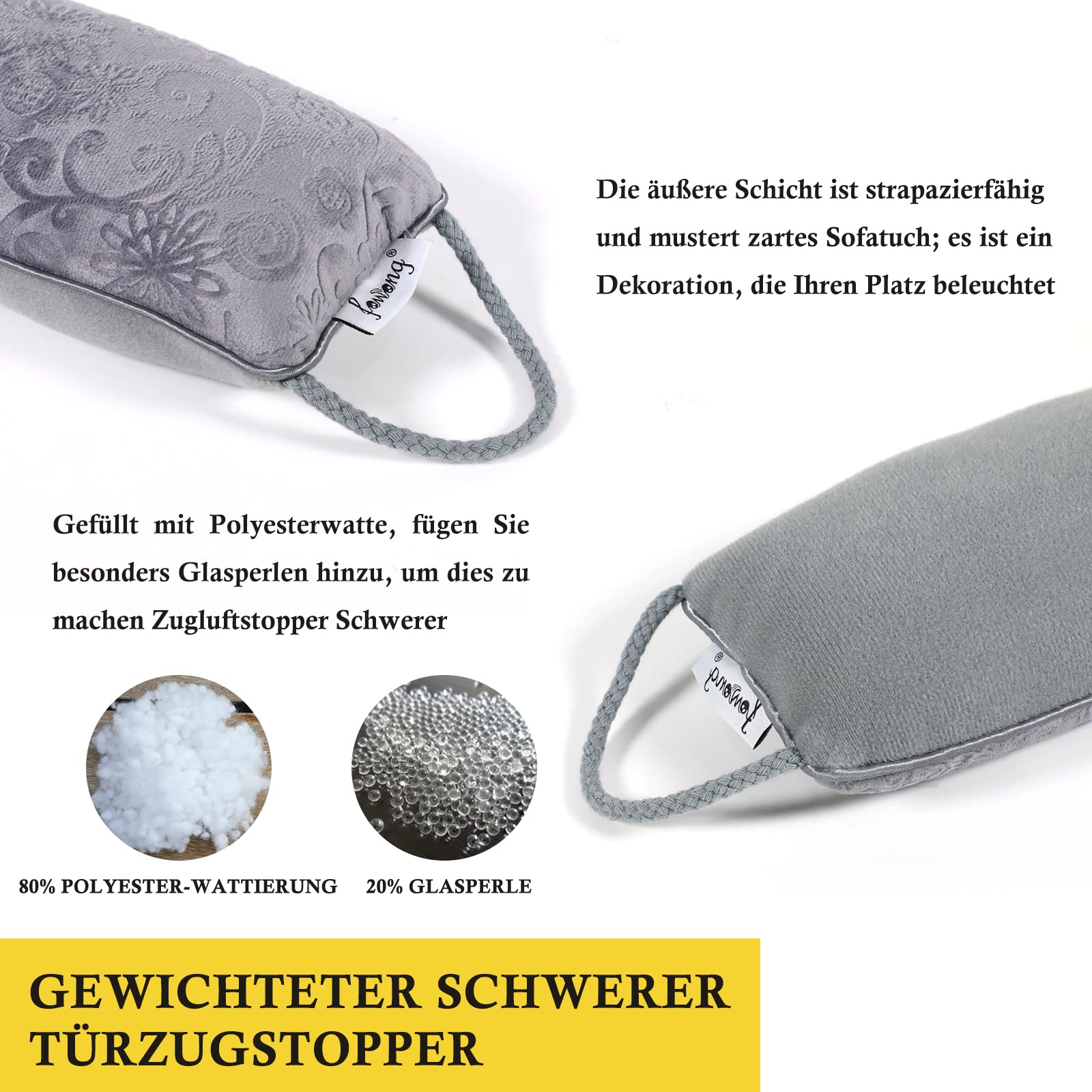 fowong Zugluftstopper für Türen 97x10 cm, Türdichtung zugluftstopper Extra Schwere-Waschbar-Isolierung, Fensterdichtung Luftstopper mit Selbstklebende Klebeband, Kalt Luft Insekt Licht Blockiert,Grau