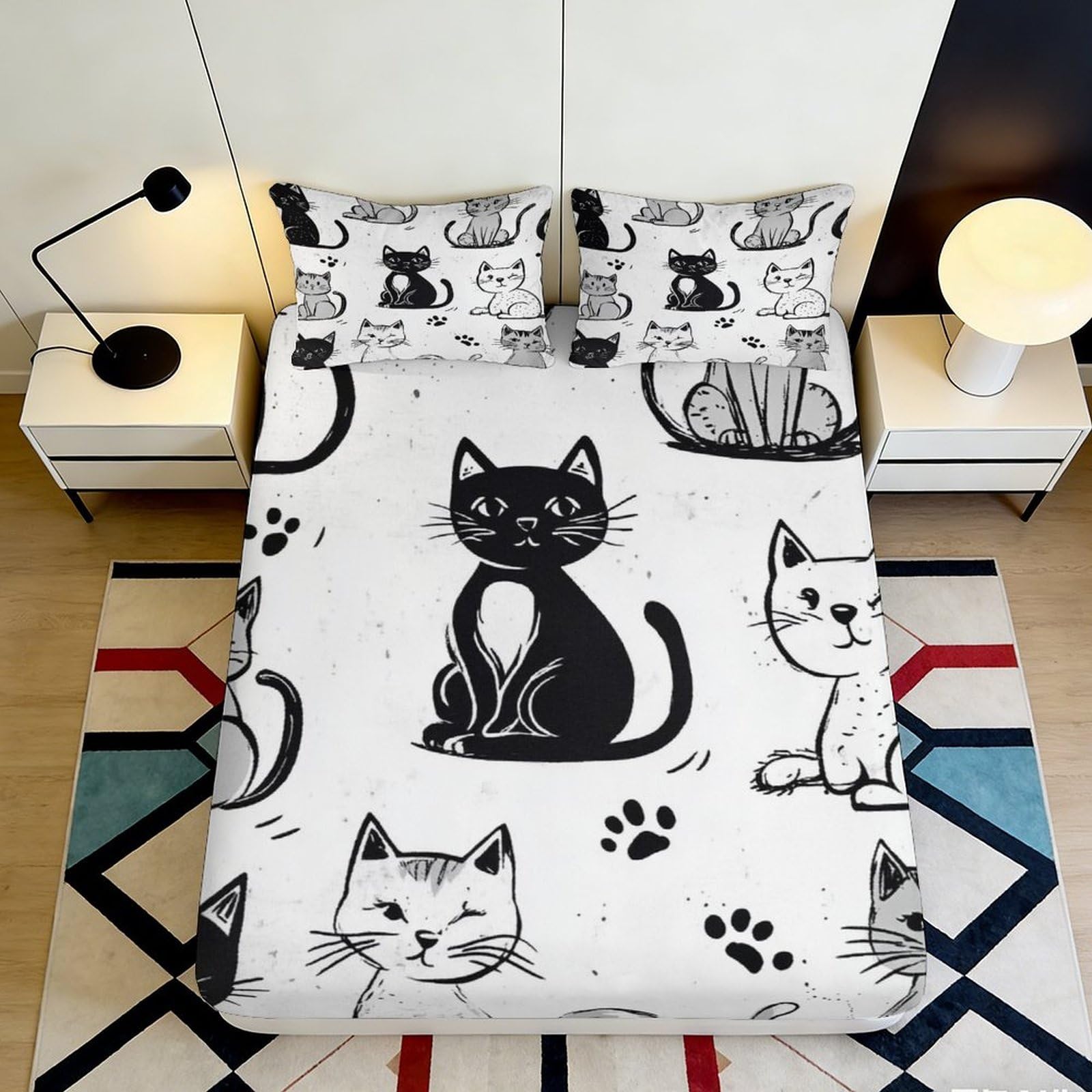 3D Printed Black Cat Fitted Sheet Microfiber Soft Cartoon Paw Mattress Cover for Bedroom Dorm Bed Decor Easy Care 90x200x25cm