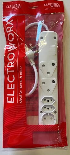 ELECTROWORX 5 Way Multiplug with 2x 16A 3 Pin, 2x 16 Euro and 1x Schuko Round Plug, 0.5m Cable, White, Plastic and Copper