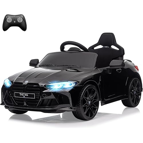 12V Electric Ride On Car w/RC,Licensed by BMW M4 Toddler Electric Vehicle for 37-83 Months,Power Wheels for Boys Girls, with Suspension System,3 Speeds, Bluetooth, MP3, Double Door, LED Light(Black)