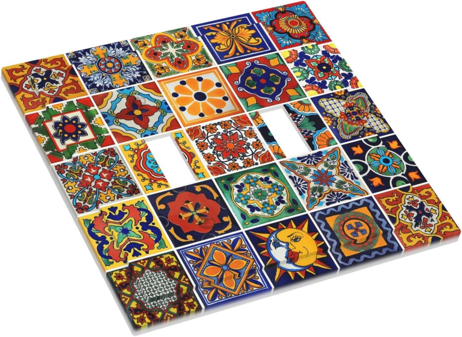 Mexican Talavera Tile Boho Colorful Floral Moroccan Ceramic Bricks Double Toggle Light Switch Covers Decorative 2 Gang Wall Plate Electrical Dual Device Switchplate Dimmer Faceplate Home Decor