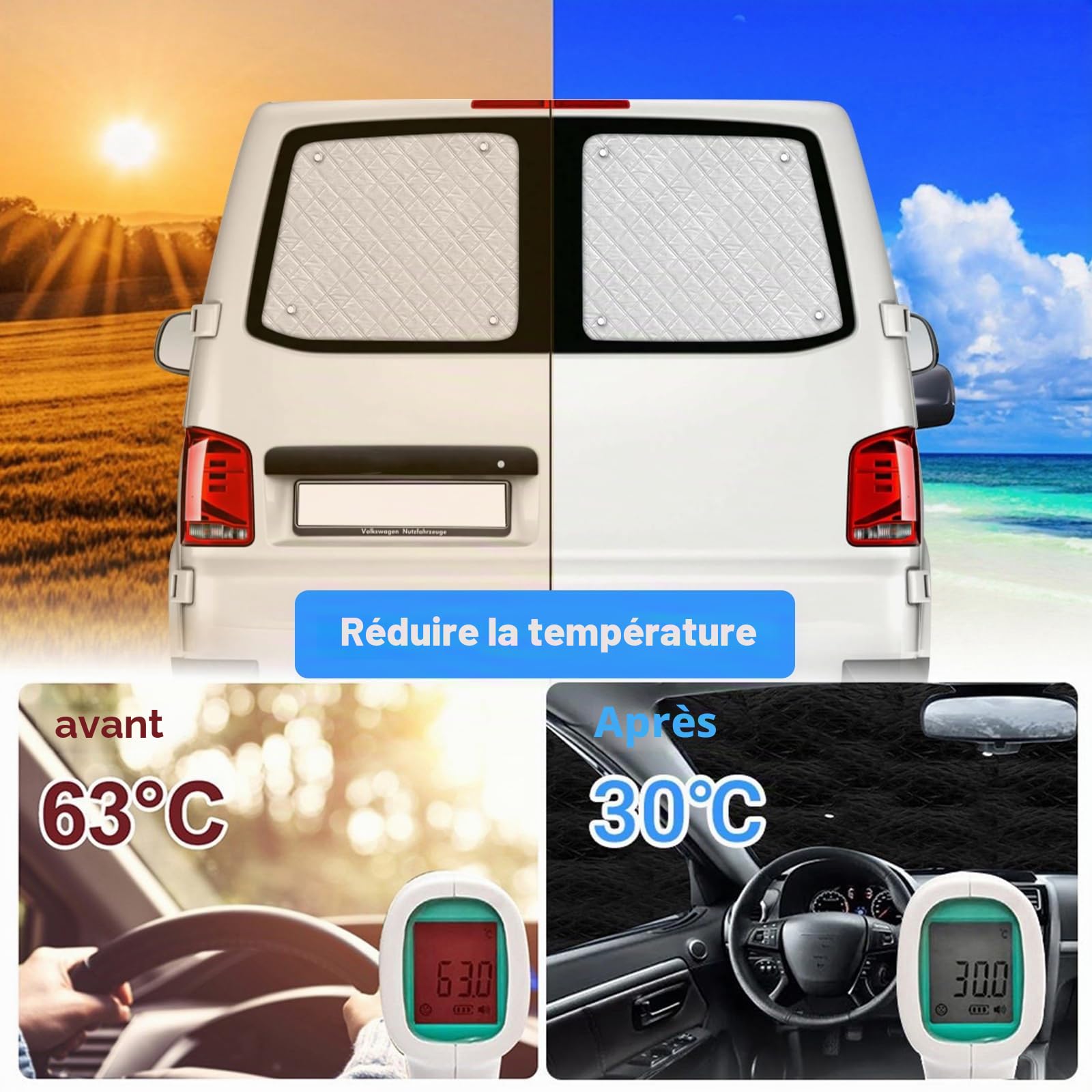 Pare-Soleil Arrière de Voiture Compatible avec VW T5 T6 2003-2024 Double Portes Tapis Thermique Interne Pare-Soleil Pare-Brise Tapis