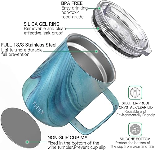 Miniatura 30 de THILY Taza de viaje aislada de acero inoxidable de 12 onzas, taza de café aislada al vacío con asa, tapa a prueba de derrames, mantiene el café frío