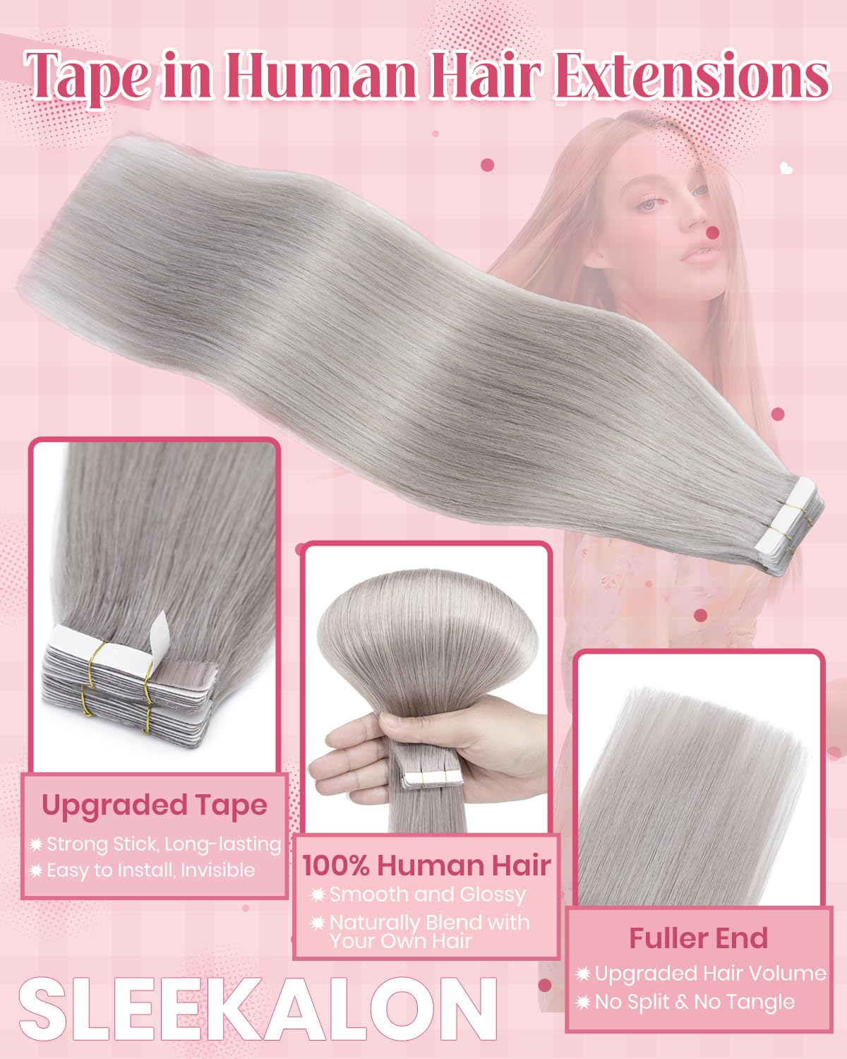 SLEEKALON Invisible Tape in Hair Extensions Real Human Hair 10 Pcs Thinned Version #Grey - Image 4