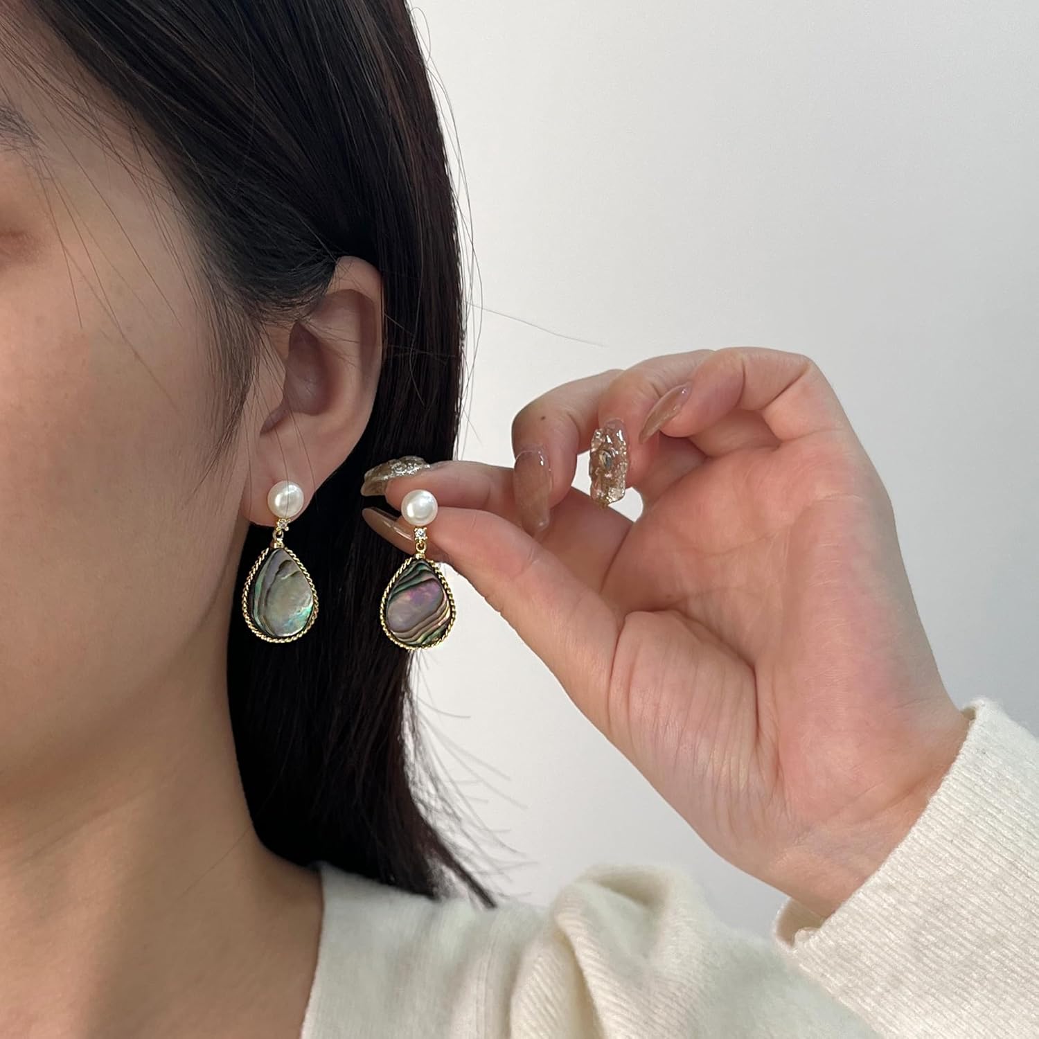 Handmade Teardrop Shell Dangle Earrings for Women, Pearls Sterling Silver Posts - Image 2