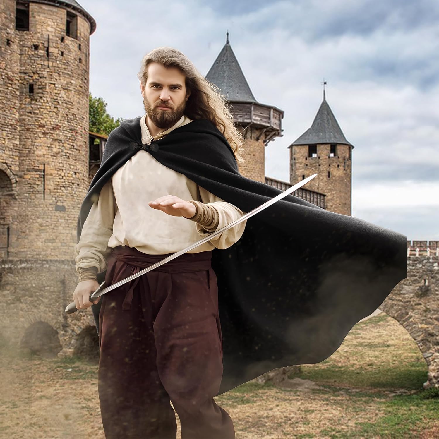 Medieval Cloak Men, Renaissance Costume Cloak with hood and Green Leaf Brooch Necklace for Halloween Cosplay Party. - Image 4