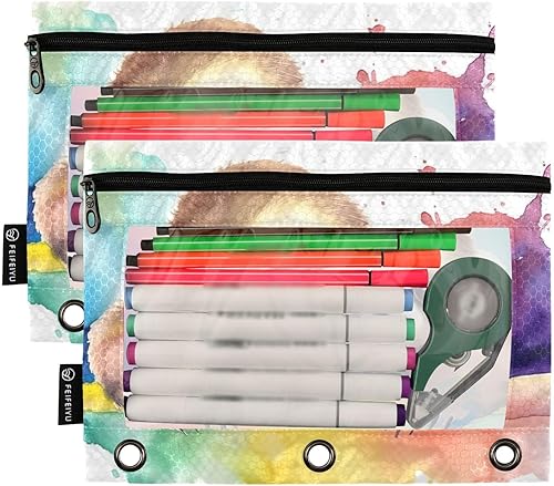 Miniatura 2 de Lindas bolsas de lápices con diseño de perezoso de acuarela, paquete de 2 estuches con cremallera para carpetas de 3 anillos con ventana de PVC