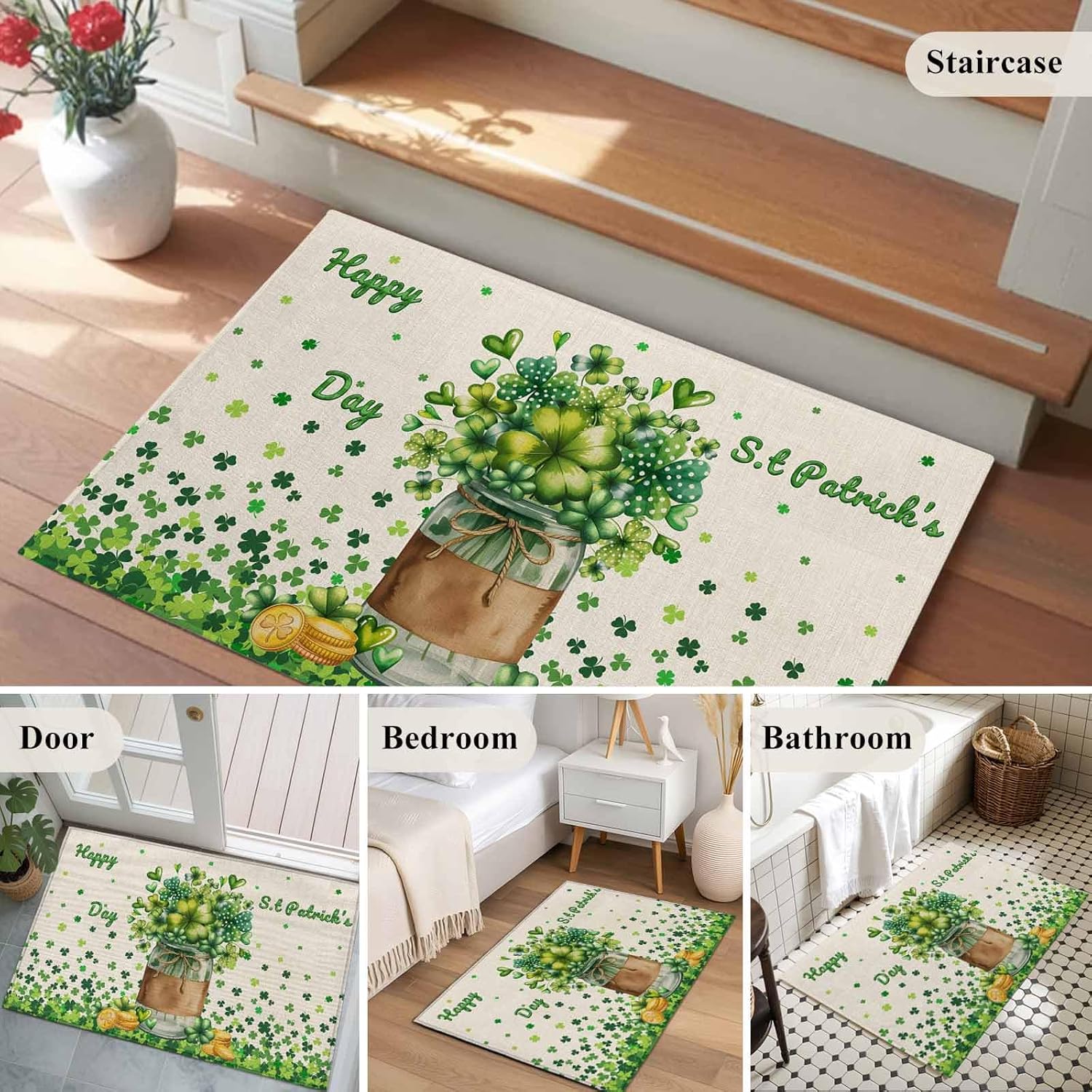 St. Patrick's Day Bathroom Rug Washable 2x3 Entryway Rug Non Slip Farmhouse Green Lucky Clovers Coin Front Door Mat Low Pile Indoor Doormat Throw Floor Carpet for Kitchen Bedroom Entrance