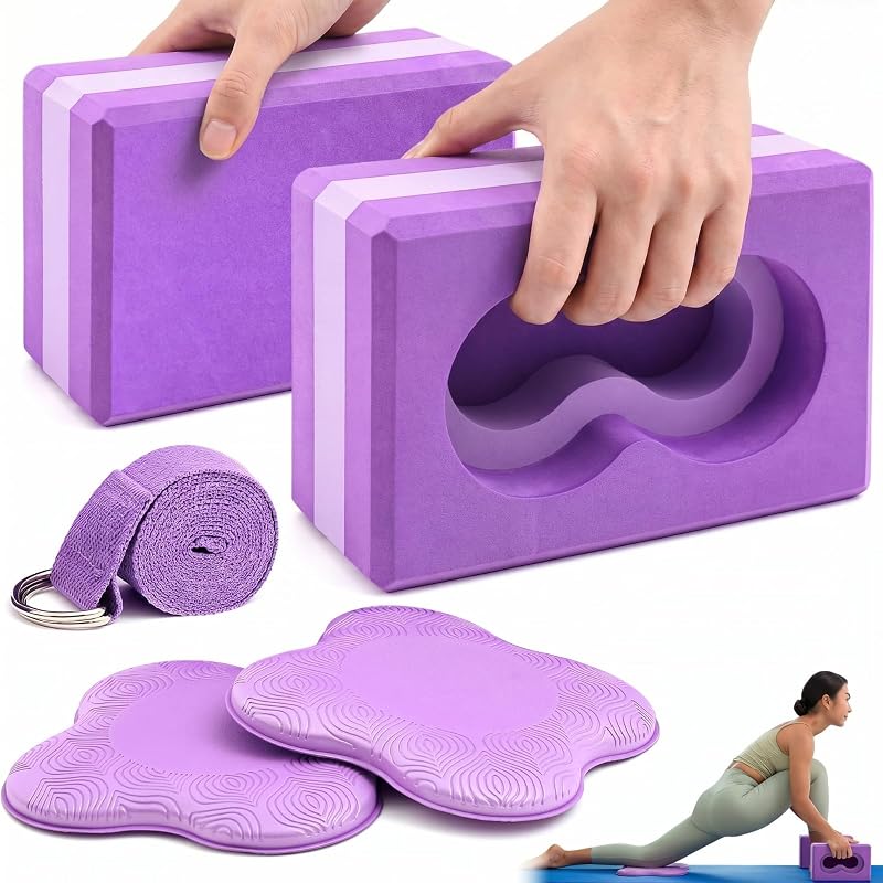 Yoga Blocks 2 Pack for Wrist Relief,Yoga Block with Knee Pads Strap | Wrist Support, Improve Comfort and Grip, Nonslip EVA Foam, Pilates Exercise Balance Stretching Accessories Meditation