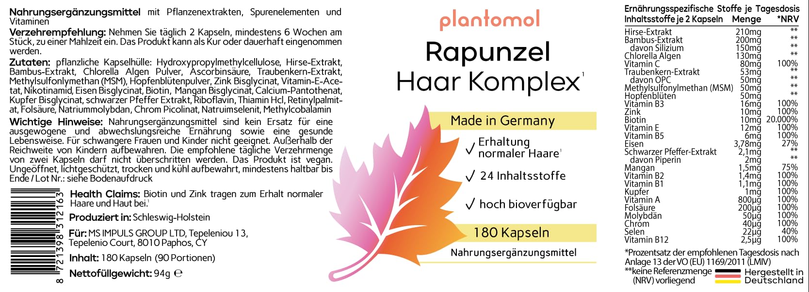 Haar Vitamine - 180 Kapseln - 24 Inhaltsstoffe mit Biotin hochdosiert 10.000µg Hirse & Silizium - Haut Haare Nägel Kapseln - Rapunzel - 3 Monatsvorrat