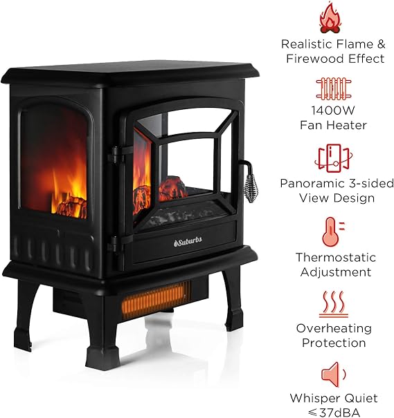 TURBRO Suburbs TS20 Electric Fireplace Heater, Freestanding Fireplace Stove with Realistic Dancing Flame Effect - CSA Certified - Overheating Safety Protection - Easy to Assemble - 20 1400W Black