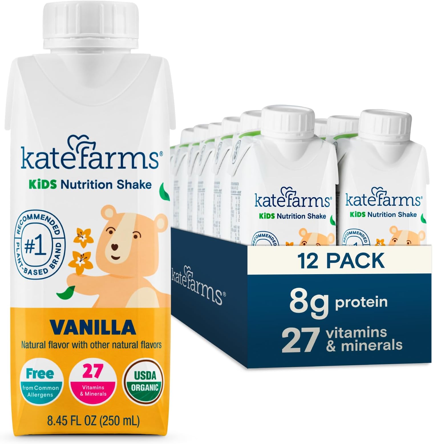 Organic Kids Nutrition Shake, Vanilla, 8g of protein, 27 Vitamins and Minerals, Meal Replacement Drink, Protein Shake, Gluten Free, Non-GMO, 8.45 Fl oz (Pack of 12)