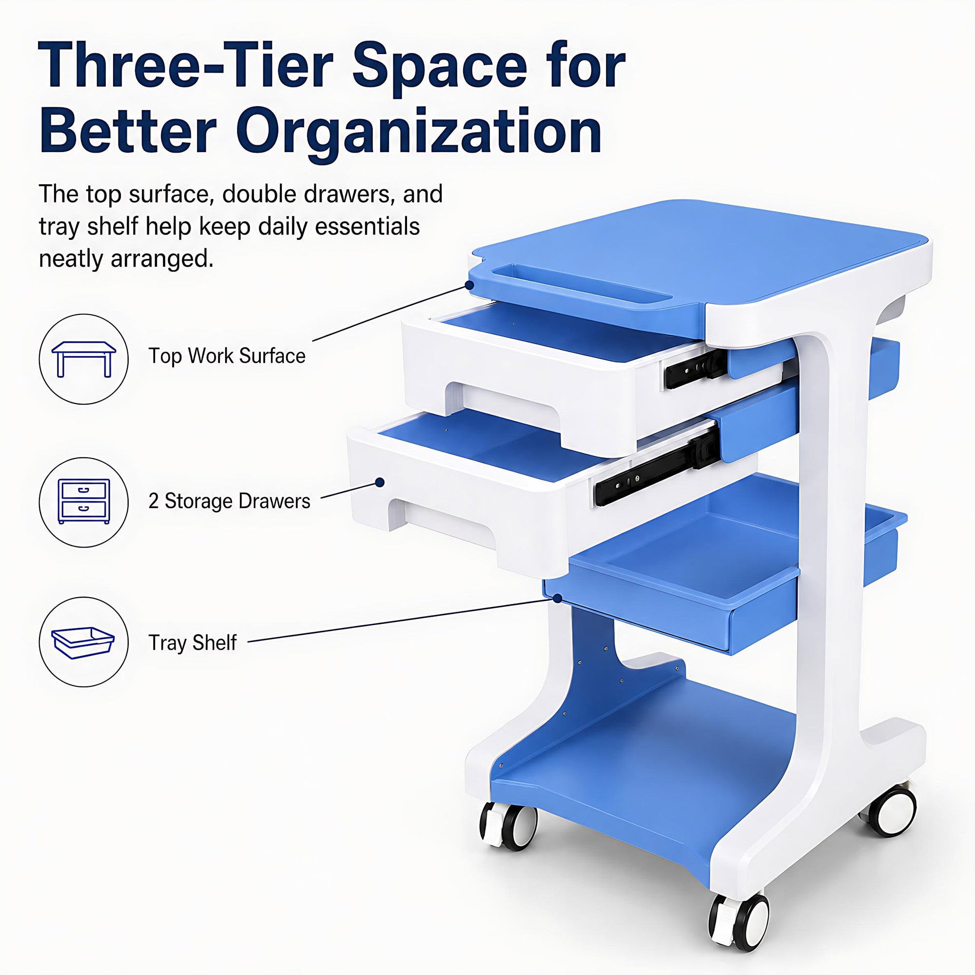 Carrito laboratorio 3 pisos 2 cajones, 50 kg, frenos, para estética Blue | Diseño compacto que ahorra espacio. Ideal para hospitales, clínicas, centros de estética, peluquerías y laboratorios.