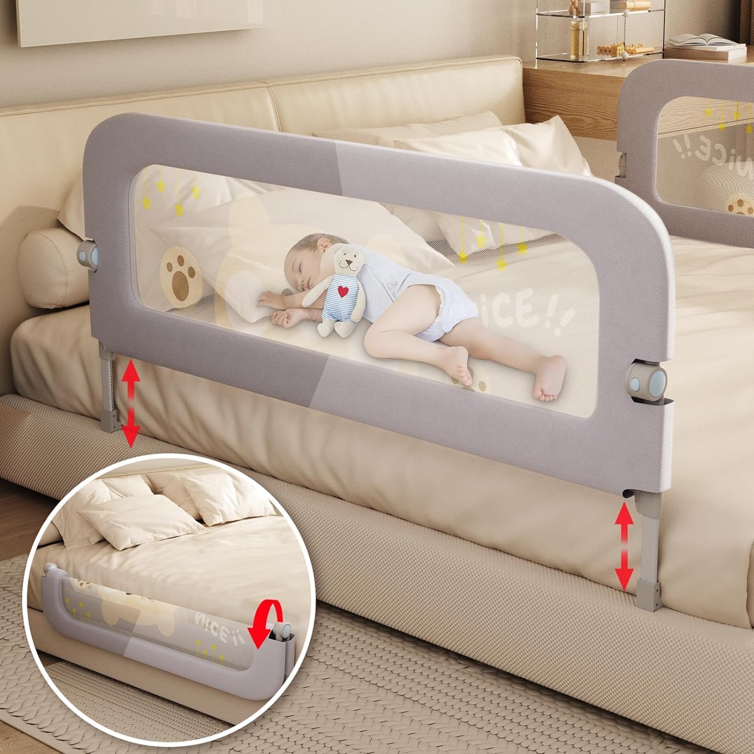 ANTOLE Bed Guard Rail for Toddlers,Lift Foldable Toddler Bed Rails for Kids,Portable Baby Bed Rails Guard Bumper for Baby Kids, Great Fit for Kids Twin Double, Full Size, Queen, King Size Bed (1.8m)