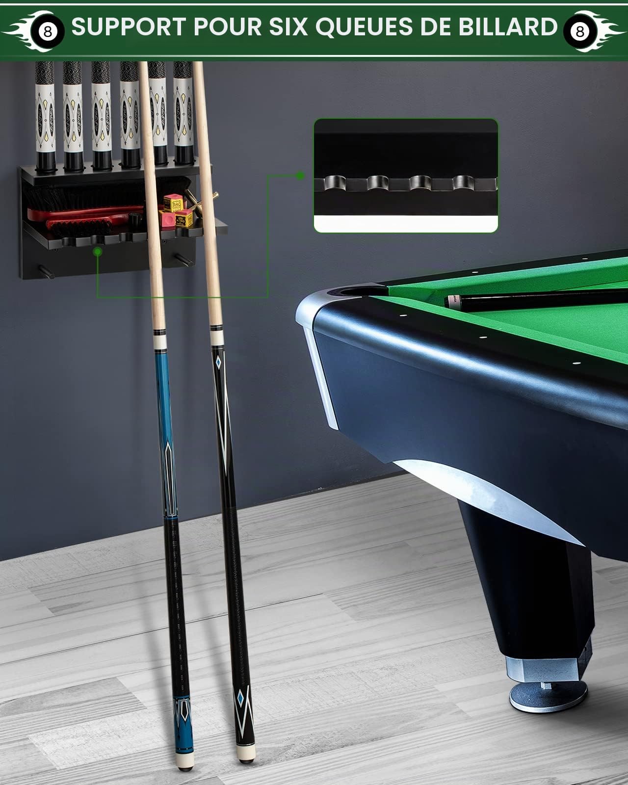 Support mural pour queues de billard en bois dur 6 queues accessoires table billard organisateur
