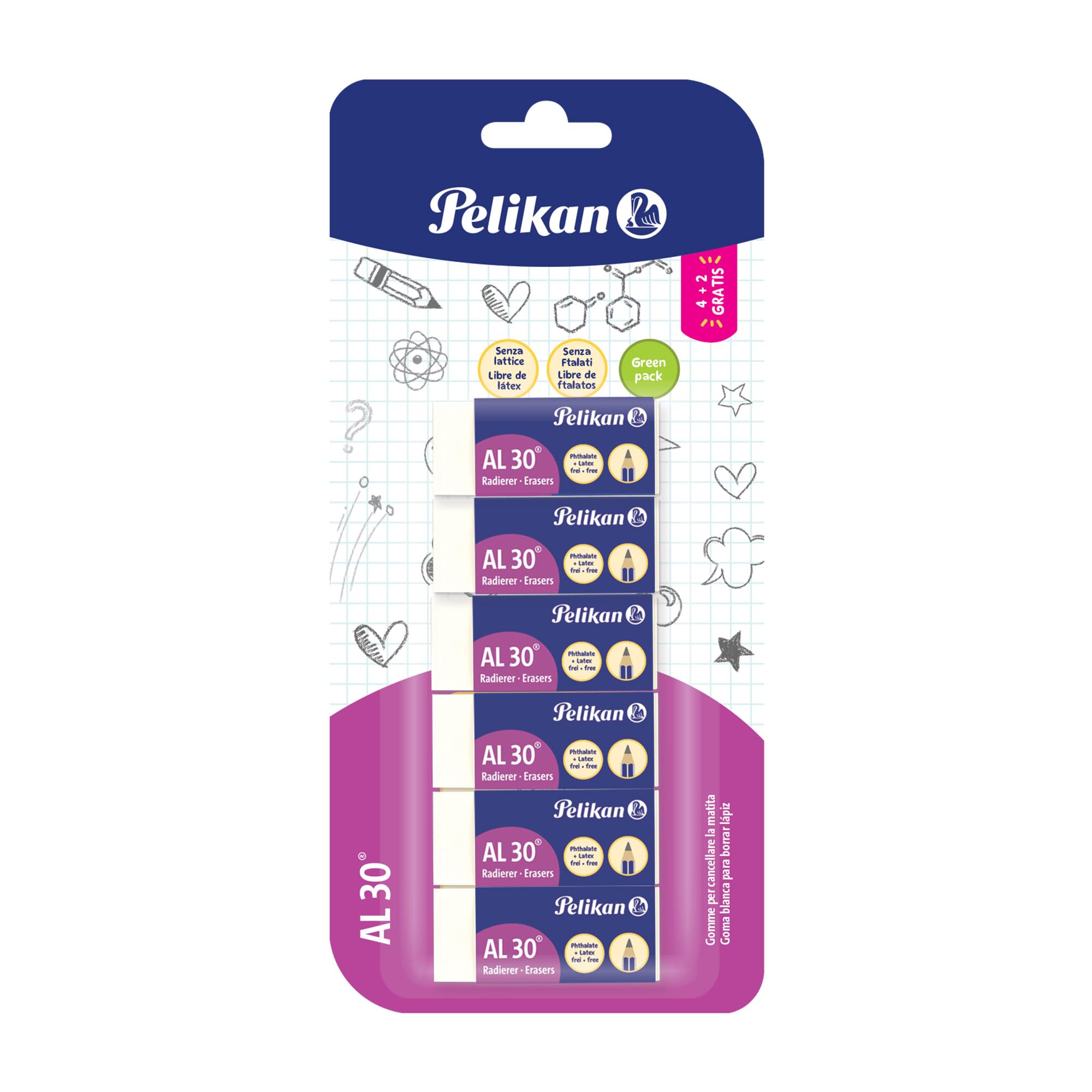 Pelikan Goma de Borrar AL 30 Color Blanco, Adecuada para Dibujo Técnico y Escolar, Goma para Lápiz, Escuela y Oficina, Apto para Niños, Blíster de 6 Piezas, Tamaño 43x17x12mm