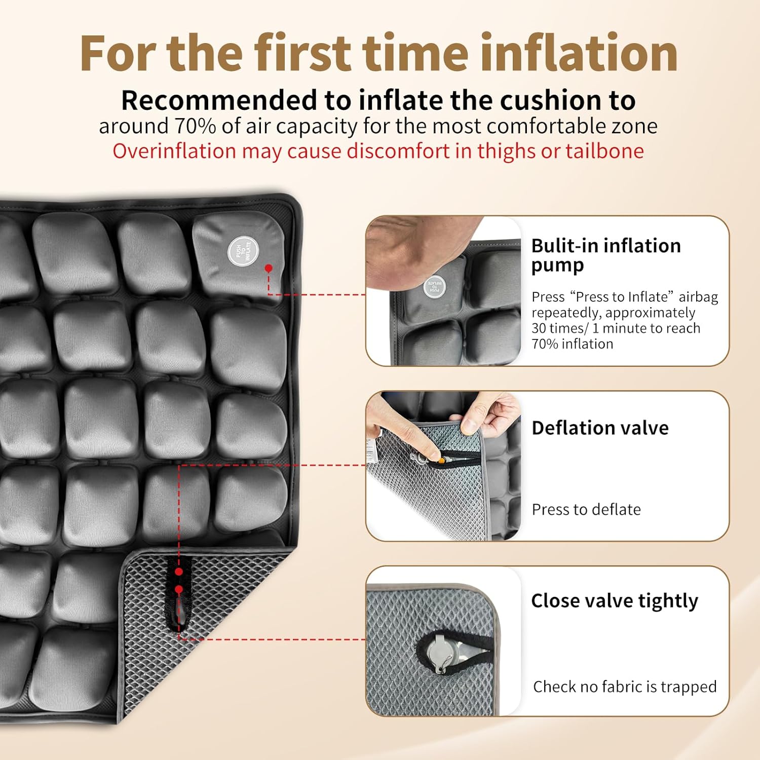 Air Inflatable Travel Seat Cushion with Built-in Pump & Carry Bag– Portable & Adjustable for Airplane, Car, Office – Coccyx, Sciatica & Tailbone Pain Relief (Gray)