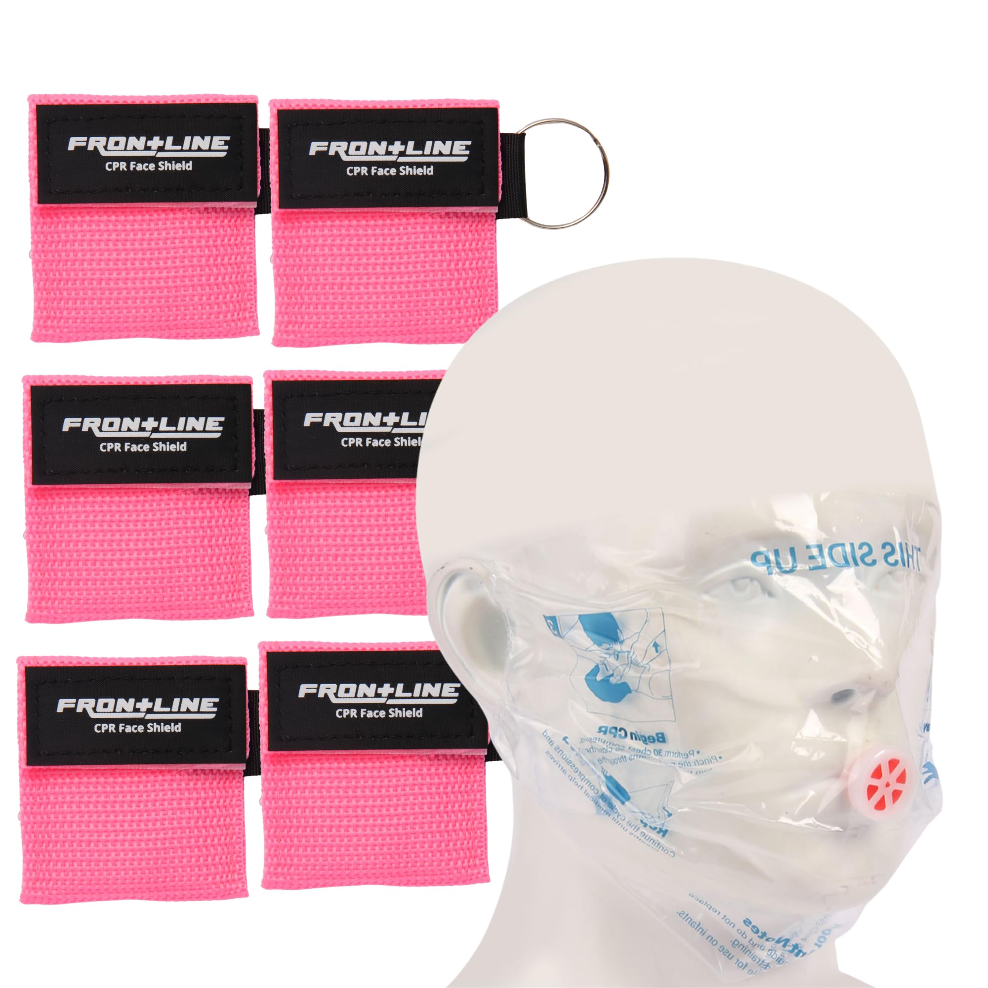 CPR Face Shield with Keyring (6 Pack), CPR Pocket Mask for Emergency Kit, First-Aid and Training with One-Way Valve by Frontline (Pink)
