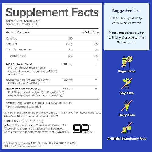 Miniatura 6 de Gundry MD MCT Wellness Polvo para apoyar la energía, la producción de cetonas y la salud cerebral, apto para dieta cetogénica, sin azúcar (30