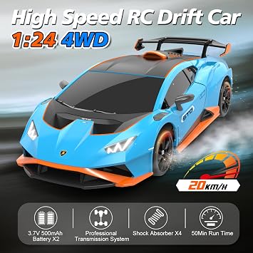 YONCHER RC Drift Car, Remote Control Car for Kids Lamborghini Officially Licensed, 1:24 20KM/H 4WD RC Cars with Lights, Fast Racing Toy Car for Boys Girls, Blue