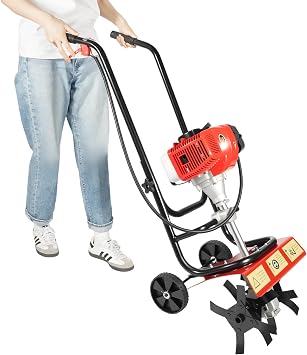 Gas Power Tillers, 52CC 2-Stroke Gasoline Powered Garden Farmyard Tiller Cultivator, 1.9KW Mini Gasoline Tiller with Hand-Pull Recoil, Single Cylinder Gasoline Engine Tilling Rototiller for Planting