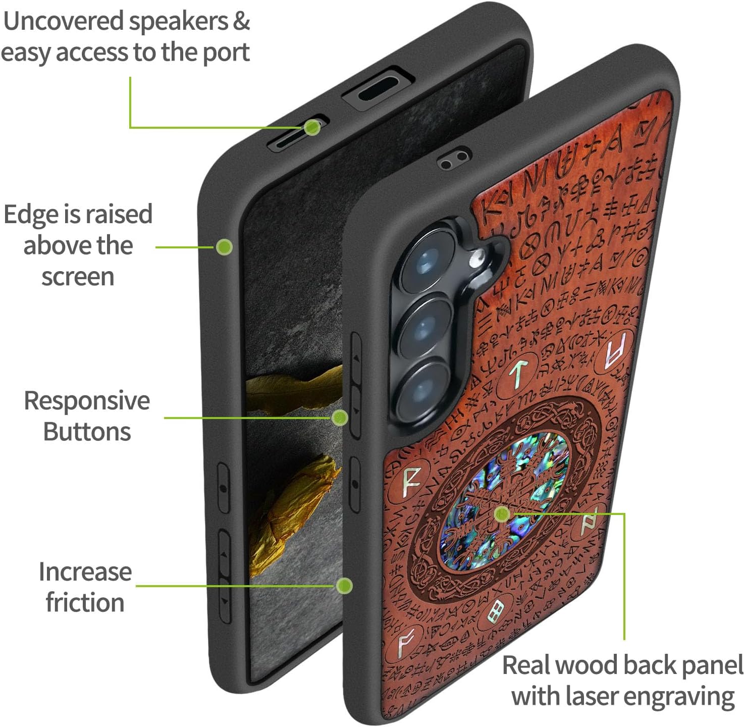 Carveit Magnetic Wooden Case for Galaxy S25+ / S25 Plus Case, Wood Artisan Engraved & Handmade Shell Inlaid, Compatible with MagSafe Wireless Chargers (Viking) Rosy