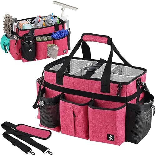 Large Cleaning Caddy Bags Pink with Sturdy Support Board, Cleaning
