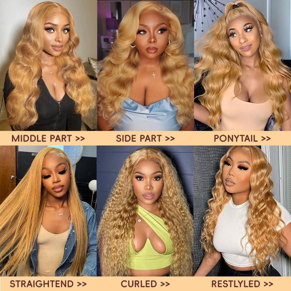Soyeon 30 Inch Synthetic Lace Front Wig for Women Honey Blonde Wig Glueless Pre Plucked Bleached Knots Body Wave Wig Heat Resistant Fibre 180% Density