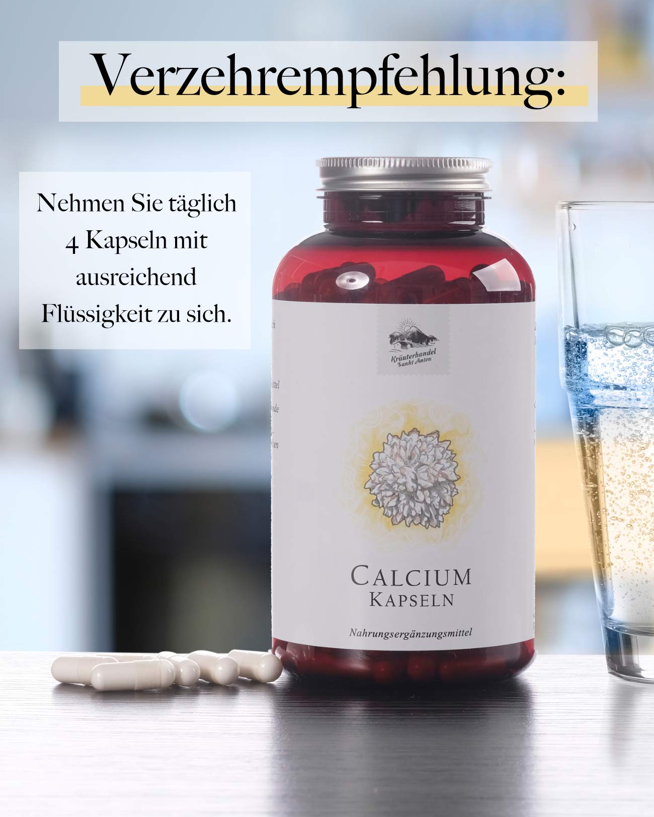 KRÄUTERHANDEL SANKT ANTON Calcium, 300 Kapseln, 1000 mg Kalzium Tagesdosis, Hochdosiert, Laborgeprüft, Deutsche Premium Qualität