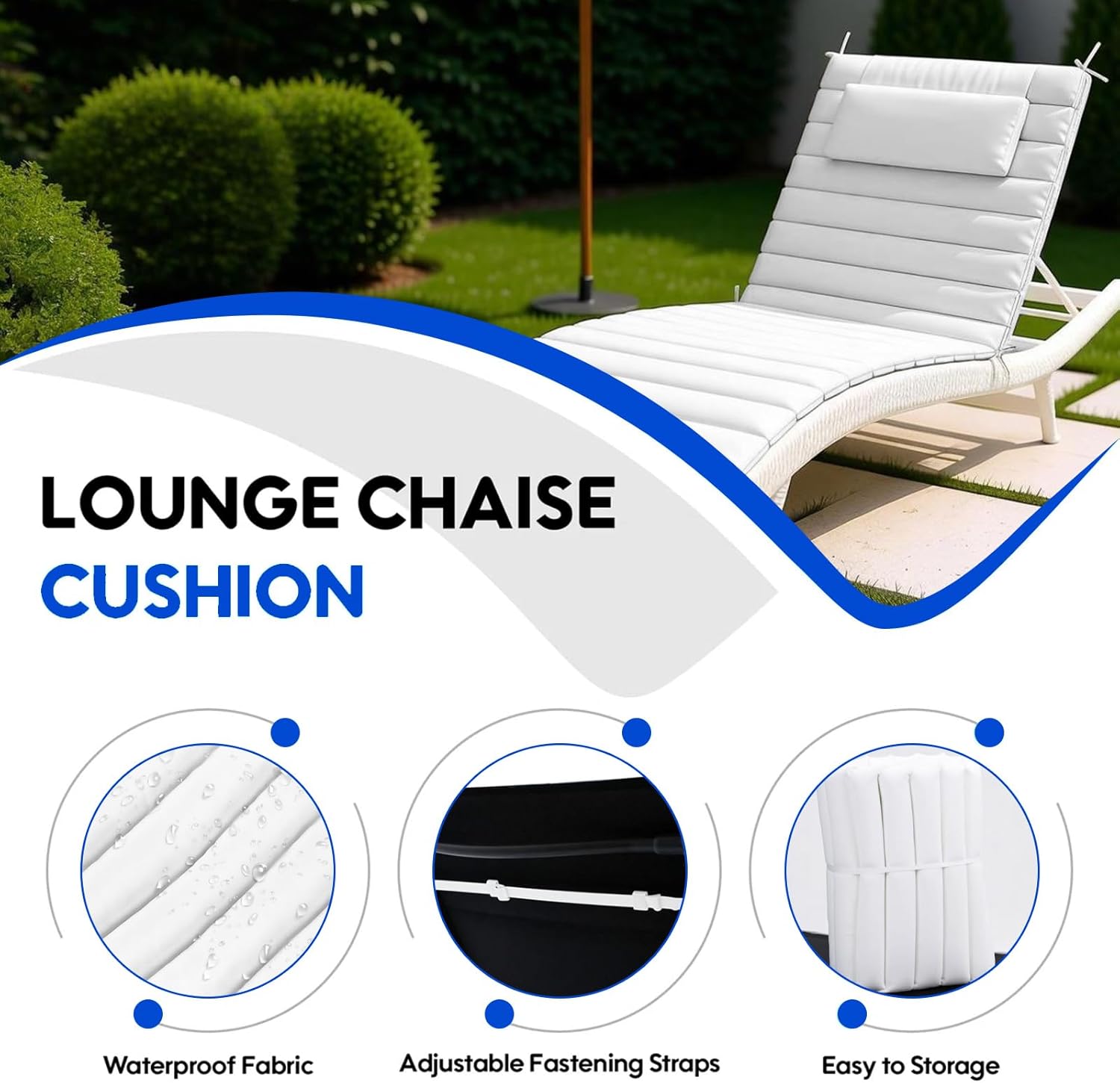 Outdoor Chaise Lounge Cushions,Waterproof Sun Lounger Chair Cushion,Foldable Olefin Pool Layout Chairs Pad with Ties and Headrest for Patio Furniture,Lawn,Garden (1, White, 72 * 21in)