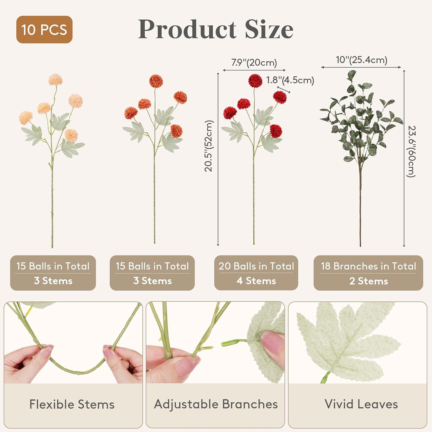 Lifewit Mix Organge Artificial Flower for Vase, 10 Pcs Faux Silk Mums Ball with Long Stems and 2 Pcs Eucalyptus Stems for Home Decor, Fake Small Kiku for Floral Arrangement, Pom Pom for Centerpieces