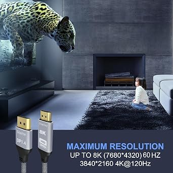 2M DisplayPort to HDMI 8K Cable, 8K@60Hz 4K@120Hz Uni-Directional DP1.4 (Source) to HDM I 2.1(Display),DP to HDMI Compatible HDCP 2.3 HDR10 for AMD,NVIDIA,Monitor and PC
