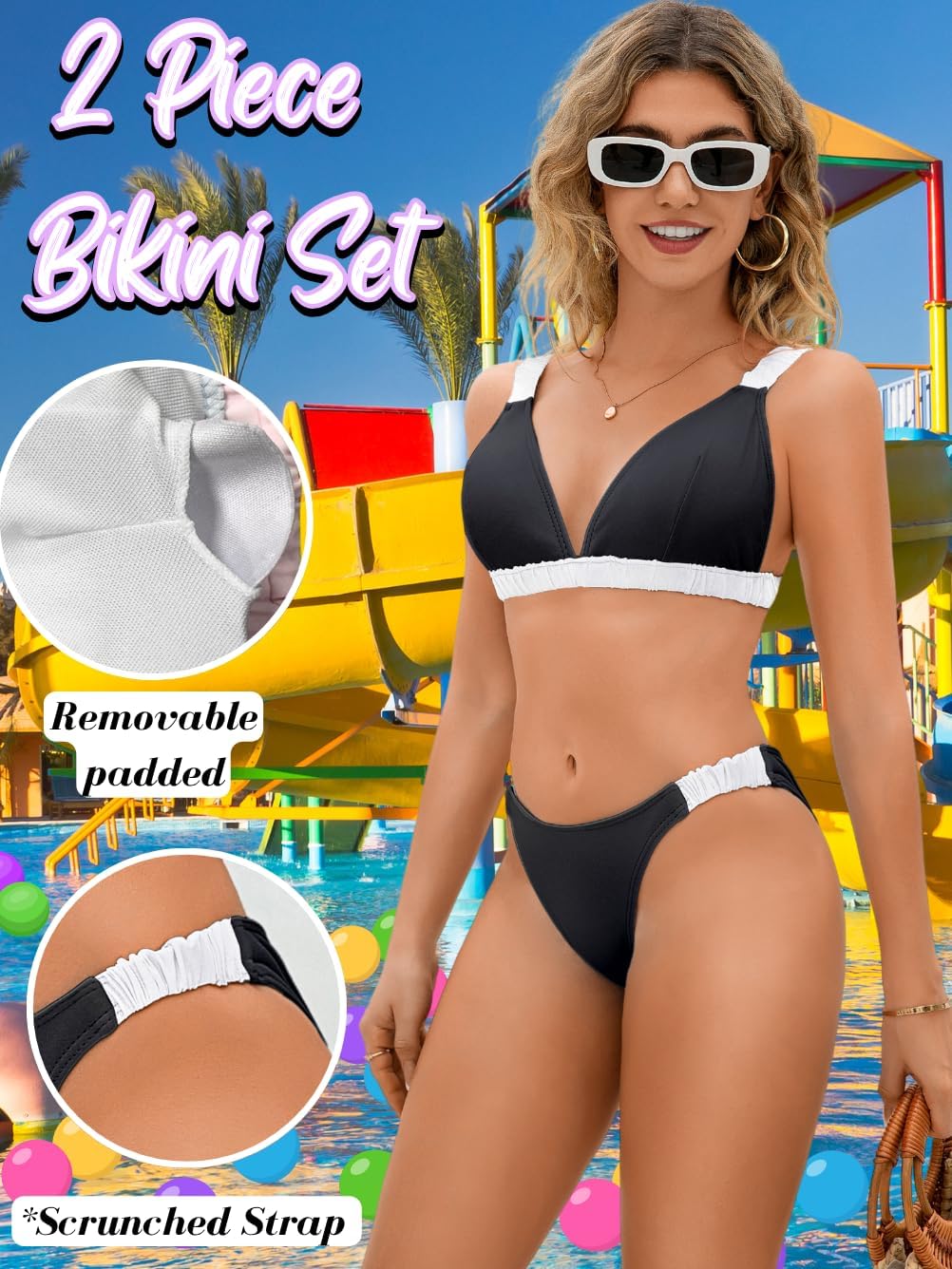 Women's Colorblock Bikini Set, High Cut Scrunch Strap Cheeky Cute 2 Piece Swimsuits for Summer Vacation - Image 2