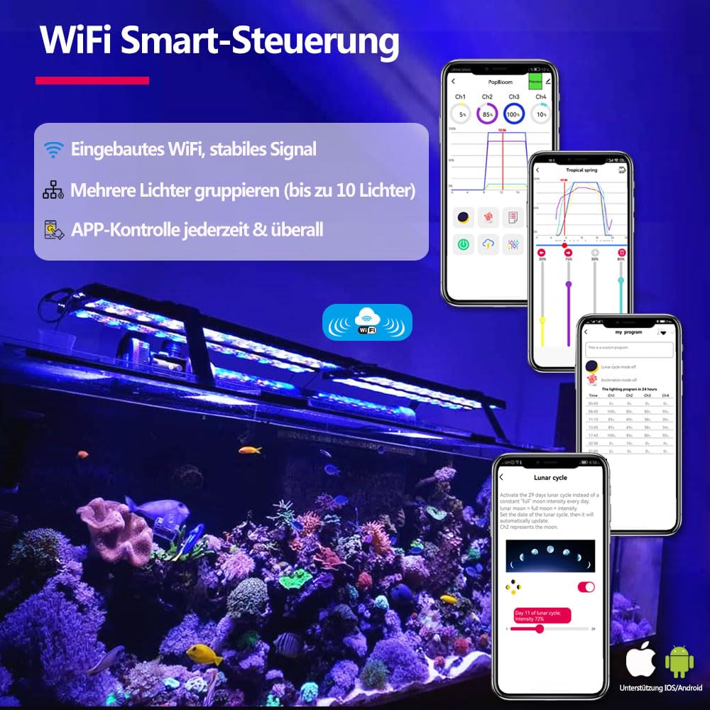 PopBloom H75 WiFi Meerwasser LED Lampe, Vollspektrum Led Aquarium Beleuchtung für Reef Coral SPS/LPS Fischaquarium, APP unterstützt Deutsch (75cm für 75-90cm)
