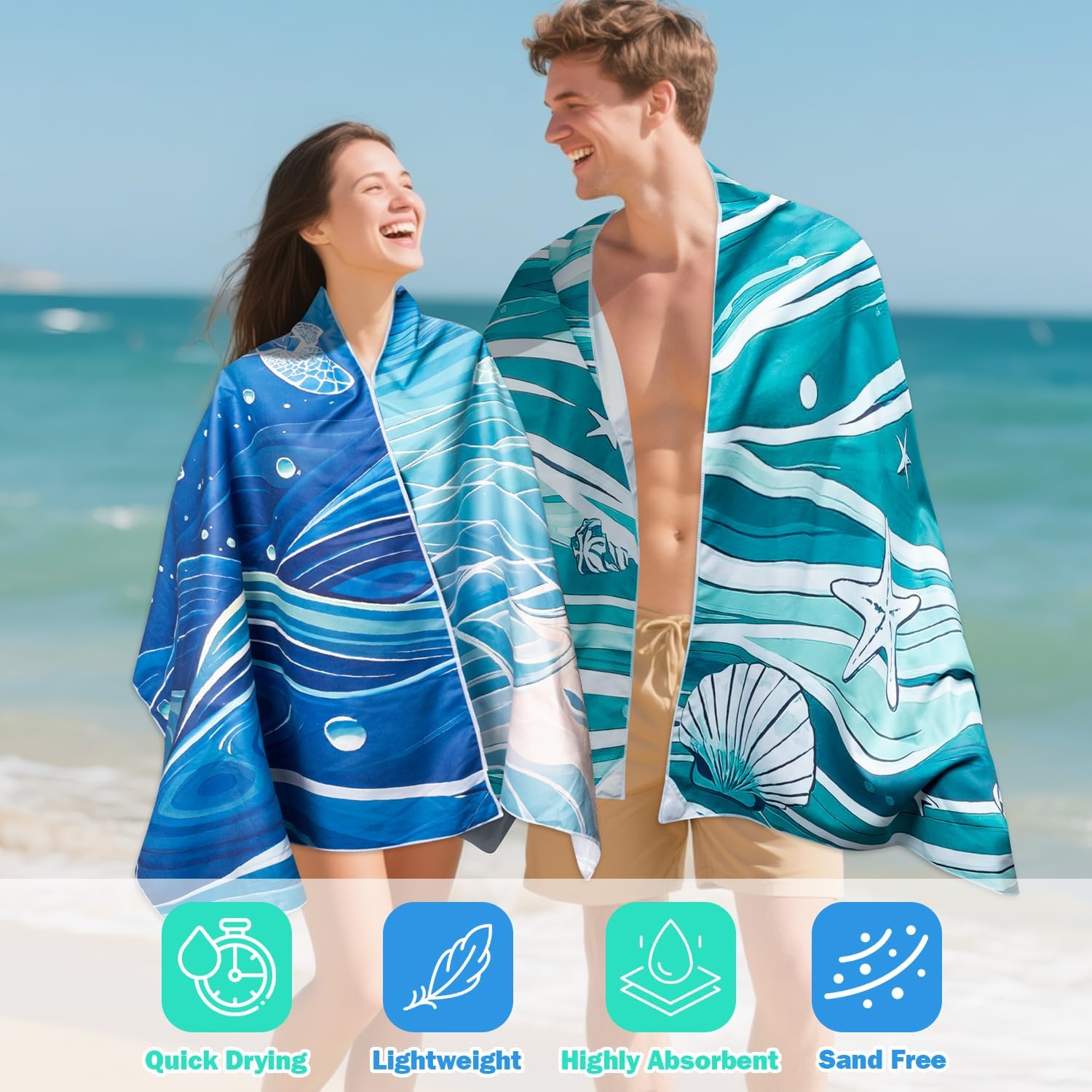 2 Pack Magnetic Beach Towel- 75"x30" Sea Turtle Wave Sand Free Quick Dry Microfiber Towel with Built-in Magnets Lightweight for Beach Chair Car Door Pool Travel Camping Yoga with Storage Bag